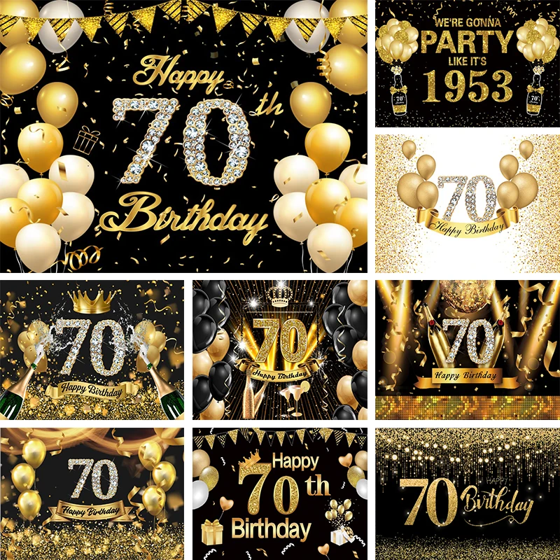 

Happy 70th Birthday Backdrop Banner Decorations 70 Years Old Anniversary Party for Men Black and Gold Photography Background Man