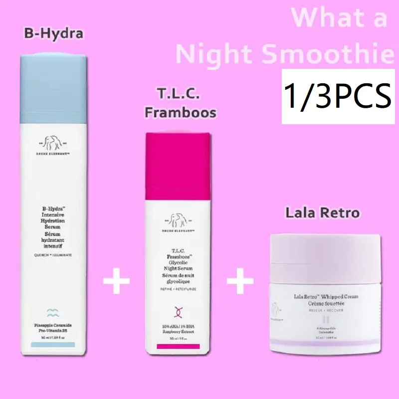 

1/3PCS Drunk Elephant Skin Care Lala Retro Moisturize Cream+B-Hydra Hydration+T.L.C. Framboos Night Serum Brightening Skin Care