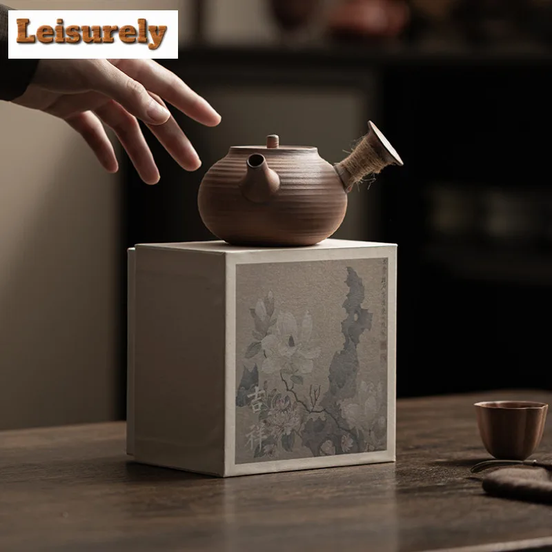 220ml Old Rock Clay Coarse Pottery Side Handle Teapot Retro Tea Infuser Pot Tea Making Kettle with Filter Tea Services Ornaments