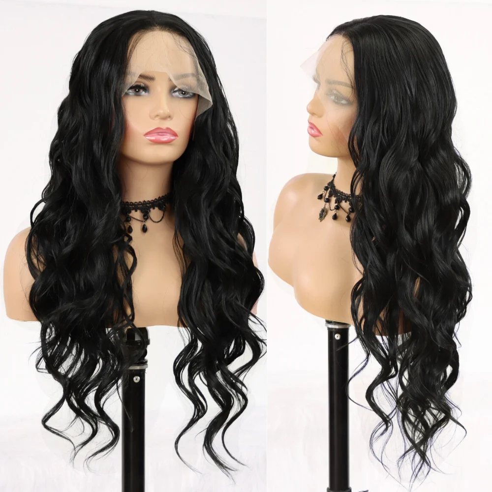 Wave 13*3 Synthetic Lace Front Wigs for Black Women Glueless Long Wavy Wigs Heat Resistant Long Black Wig