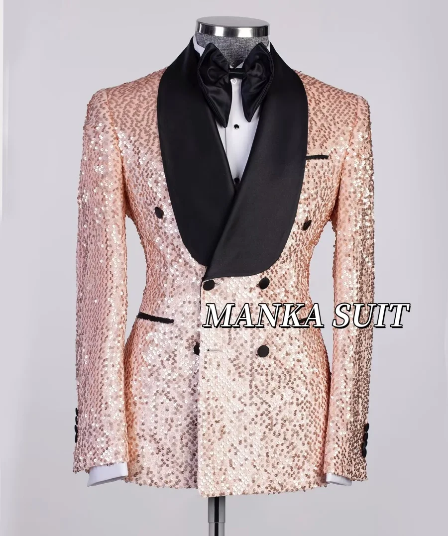 Black Satin Lapel Glitter Men's Blazer Formal Party Men Jacket Double Breasted Tuxedo for Man