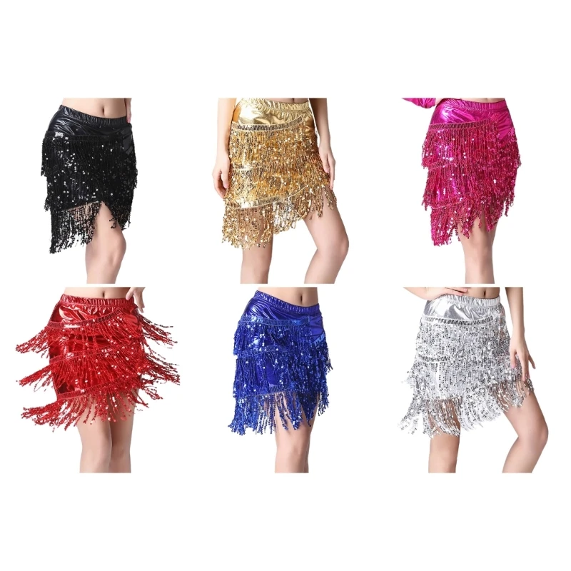 

Womens Sparkling Sequins Tassels Latin Dance Mini Bodycon Skirt Elastic Waist Asymmetrical Glittering Fringed Skirts