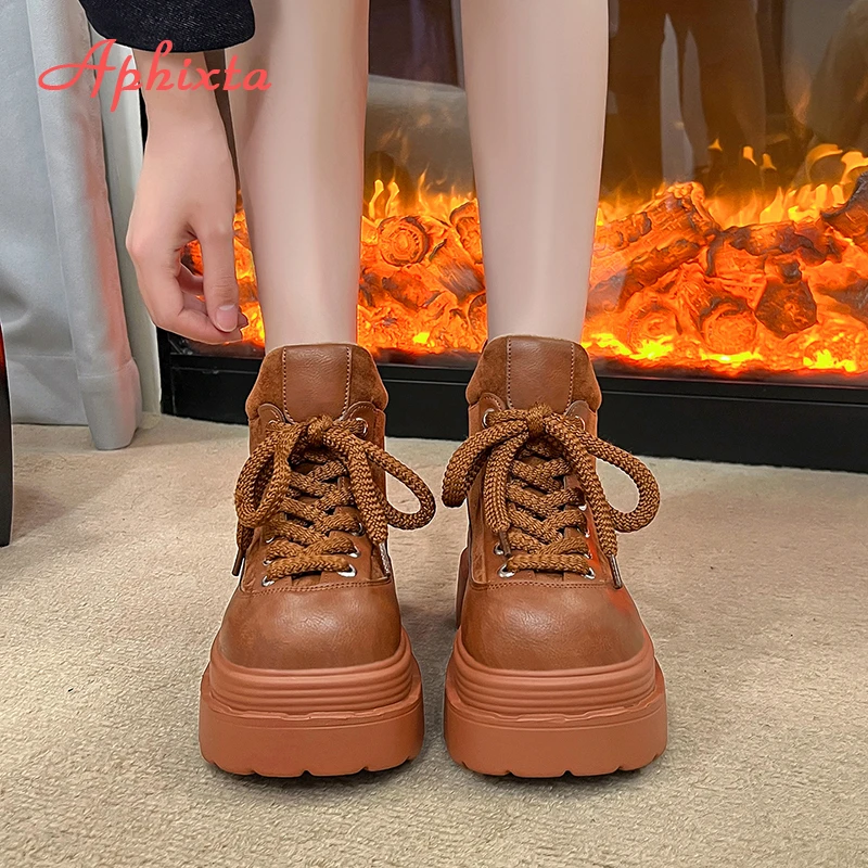 Aphixta New Winter Wedges Heel Woman Ankle Boots Platform Faux Suede Chunky Heel Woman Shoes Warm Short Plush Lady Footwear