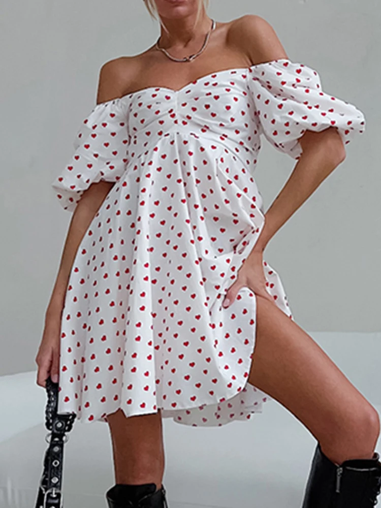 

Sexy Mini Dress Women Summer Puff Sleeve Short Dress Ladies Vintage Heart Print Dresses Female Elegant Casual Slash Neck Vestido
