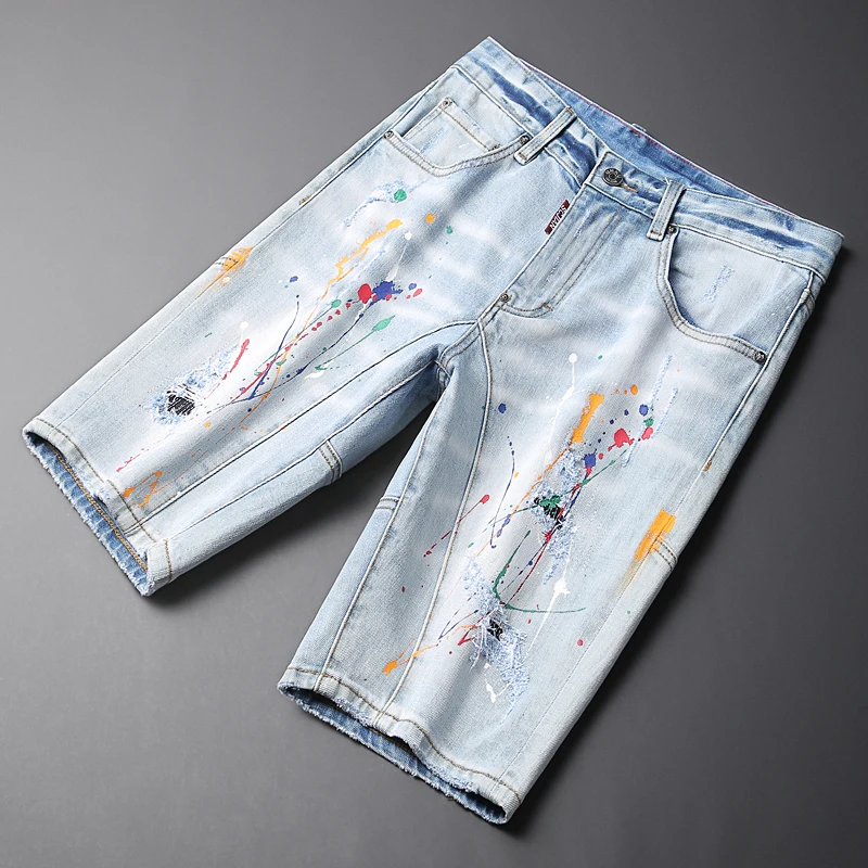 Newly Summer Fashion Men Jeans Retro Light Blue Elastic Spliced Designer Short Ripped Jeans Painted Hip Hop Denim Shorts Men