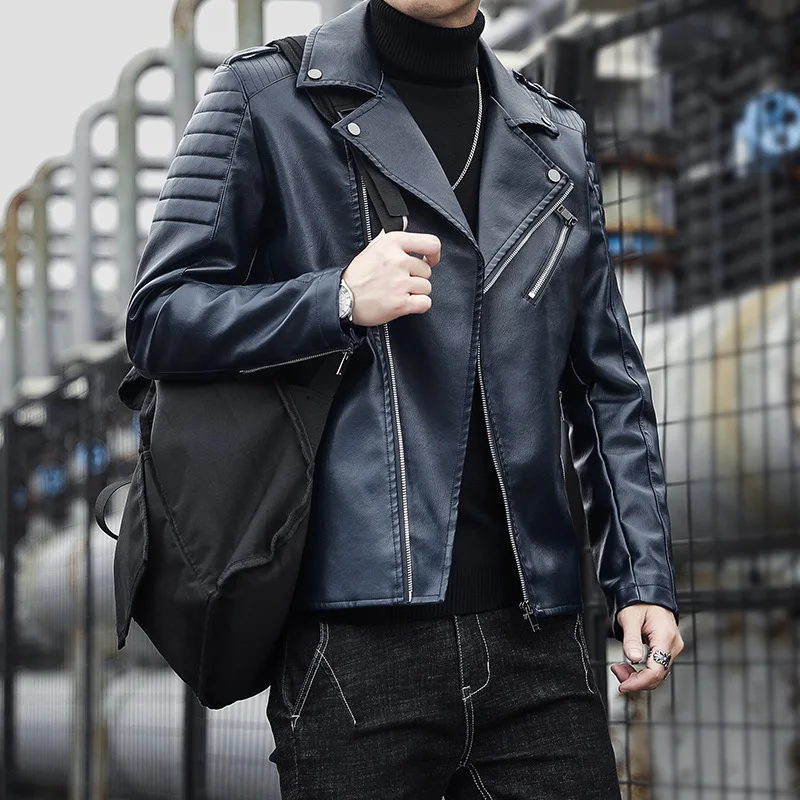 Fashion Leather Jacket Men's Autumn New Version Motorcycle Suit Male Zippers Rivet Decoration Leather Jacket Outerwear Trend
