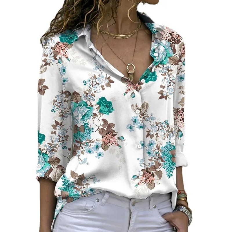 Moda Botão solto Up Casual Camisa Mulher Elegante Impresso Floral