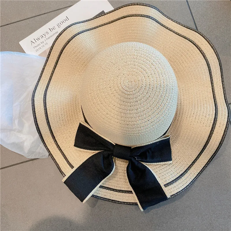 Breite Krempe Floppy Beach Bowknot Panama Lady Casual Sonnenhüte für Frauen Strohhut_voghion.com