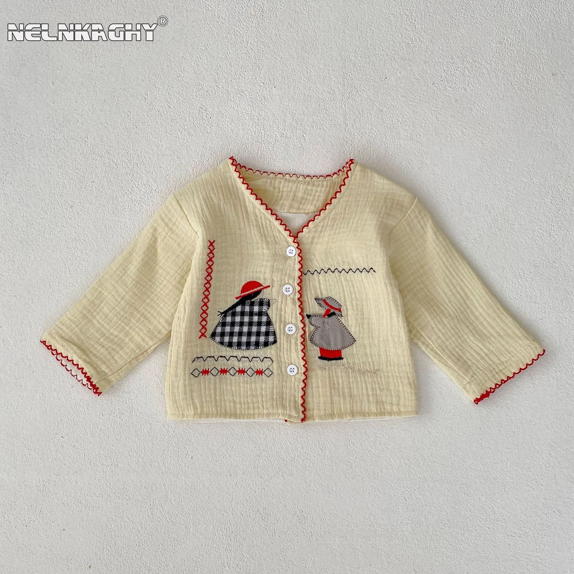 

Cute fashion Infant kids Girl V-Neck Patchwork Embroidered top coat baby pure cotton Cardigan for Autumn 2023