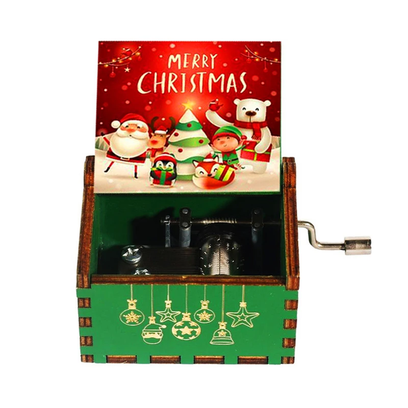 Wooden Music Box Merry Christmas Hand Cranked Movement Christmas Gifts for Children Birthday Present Home Office Decoration