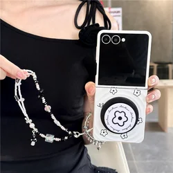 Korean Cute Bow Flower Magnetic Stand Phone Case with Chain - Kawaii Design - Galaxy Z Flip5 (With Stand Chain)