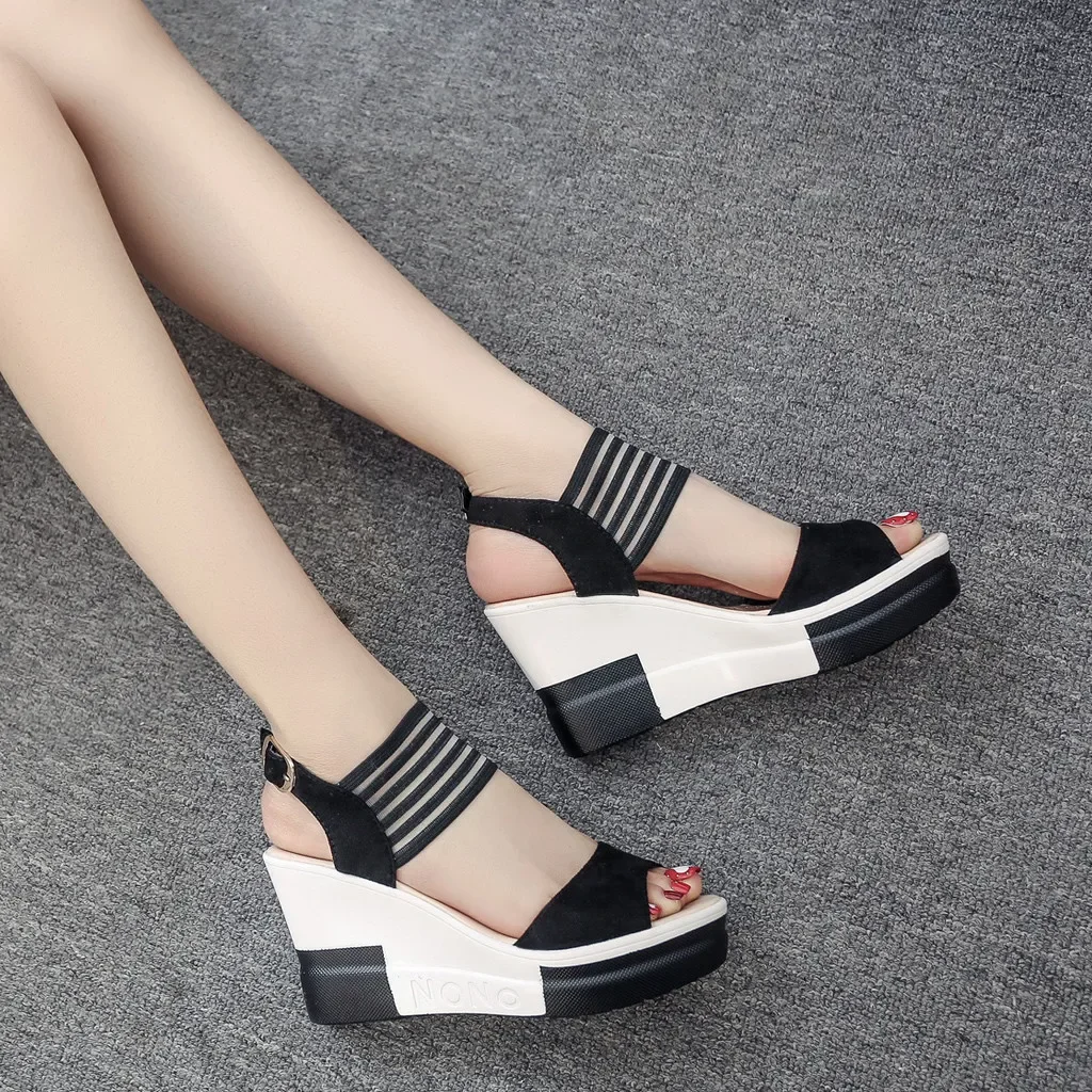 Women High Heels Wedge Shoes Casual Belt Buckle Fish Mouth Sandals