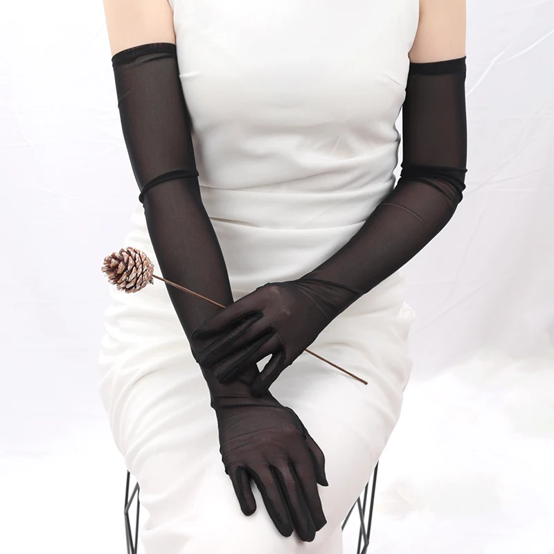 Transparent sun-protective flexible driving gloves very thin women's gloves dress gloves sheer tulle centimeter long gloves female gothic