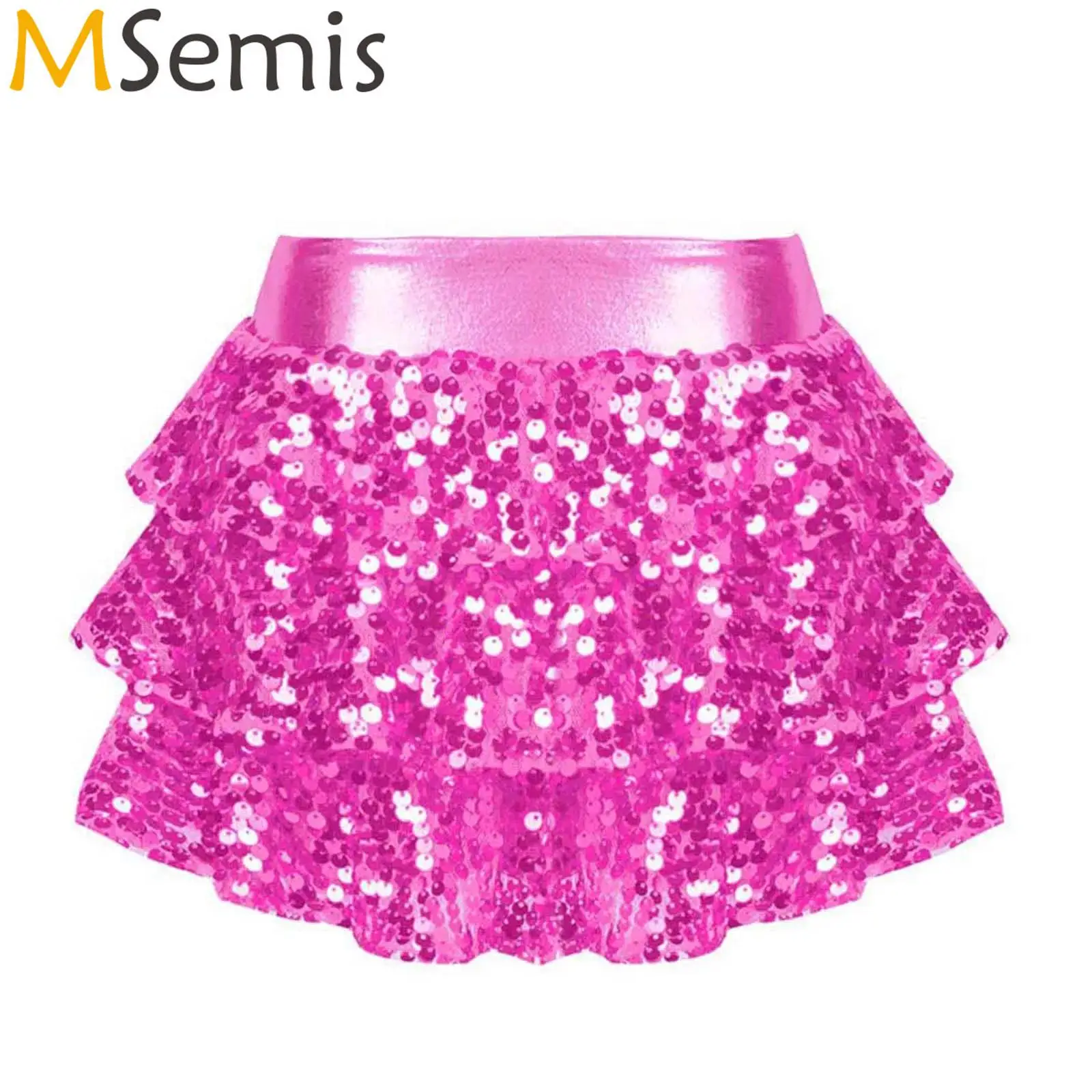 Kids Girls Shiny Sequins Tiered Ruffle Ballet Skirted Shorts Metallic Culottes Dance Jazz Hip Hop Dance Performance Costume