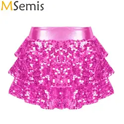 Kids Girls Shiny Sequins Tiered Ruffle Ballet Skirted Shorts Metallic Culottes Dance Jazz Hip Hop Dance Performance Costume