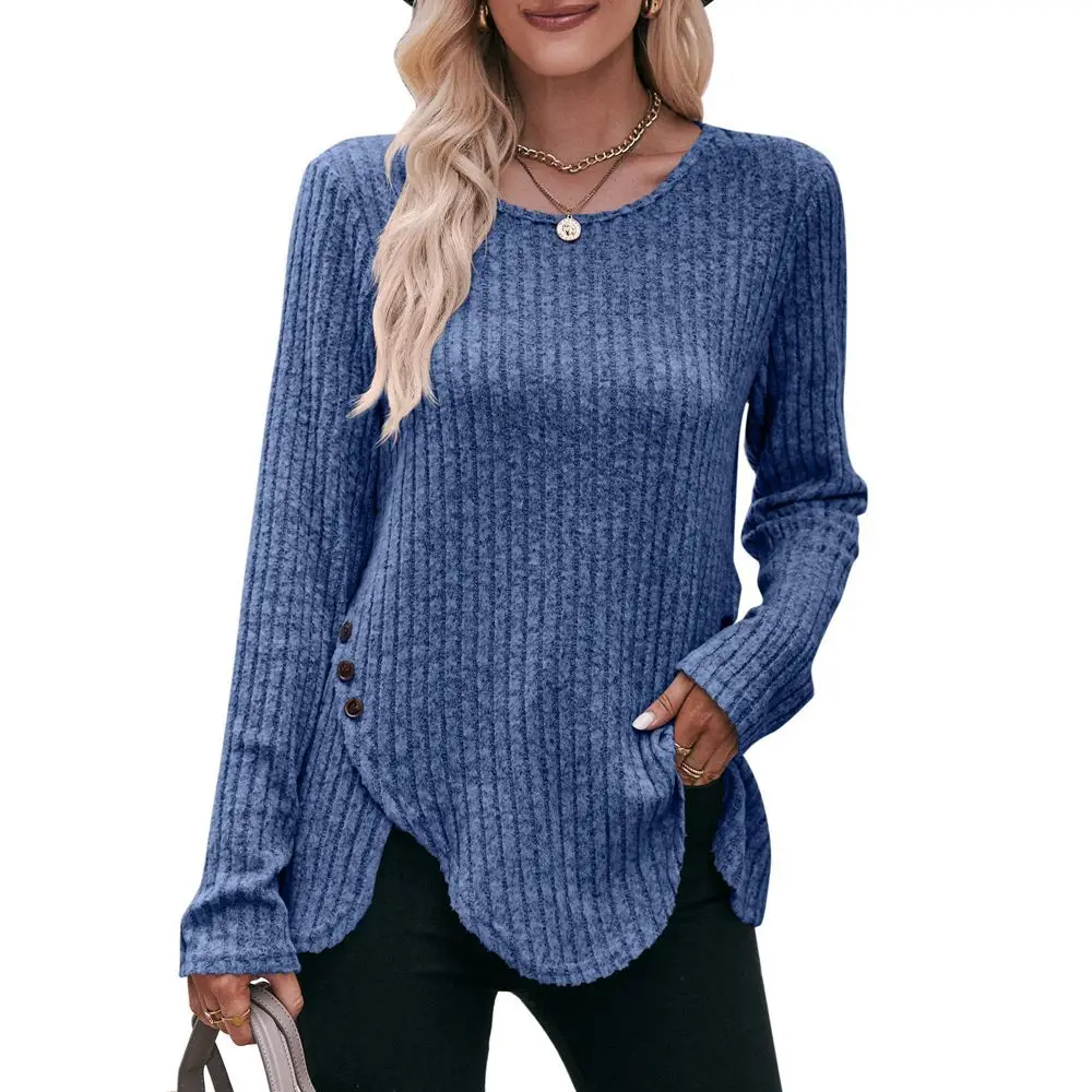 

Women's Autumn Winter Button T-Shirt Fashion Long Sleeve Round Neck Oversized Solid Color Casual Shirts Tops Female