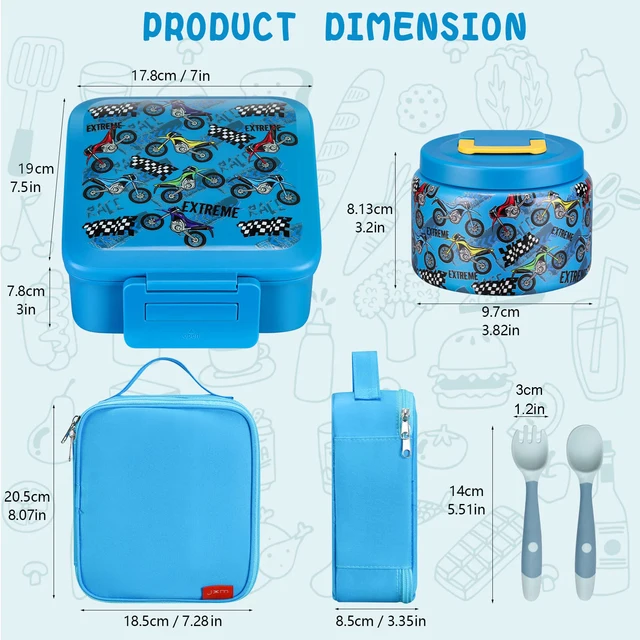 Boîte à déjeuner Bento pour enfants avec pot alimentaire isolé sous vide de 8oz, sac à déjeuner, sac de glace et fourchette et cuillère pliables, anti-fuite 4