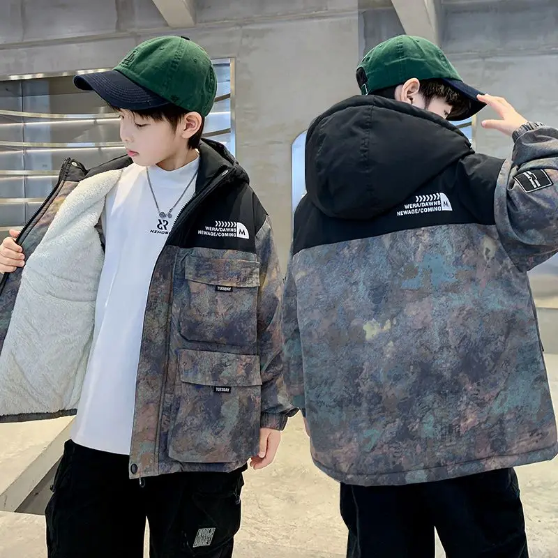 Children Winter Outerwear Boys Thickened Cotton Fleece Coat Kids Hooded Warm Overcoat New Fashion Casual Clothing 5-14 Yrs children jackets
