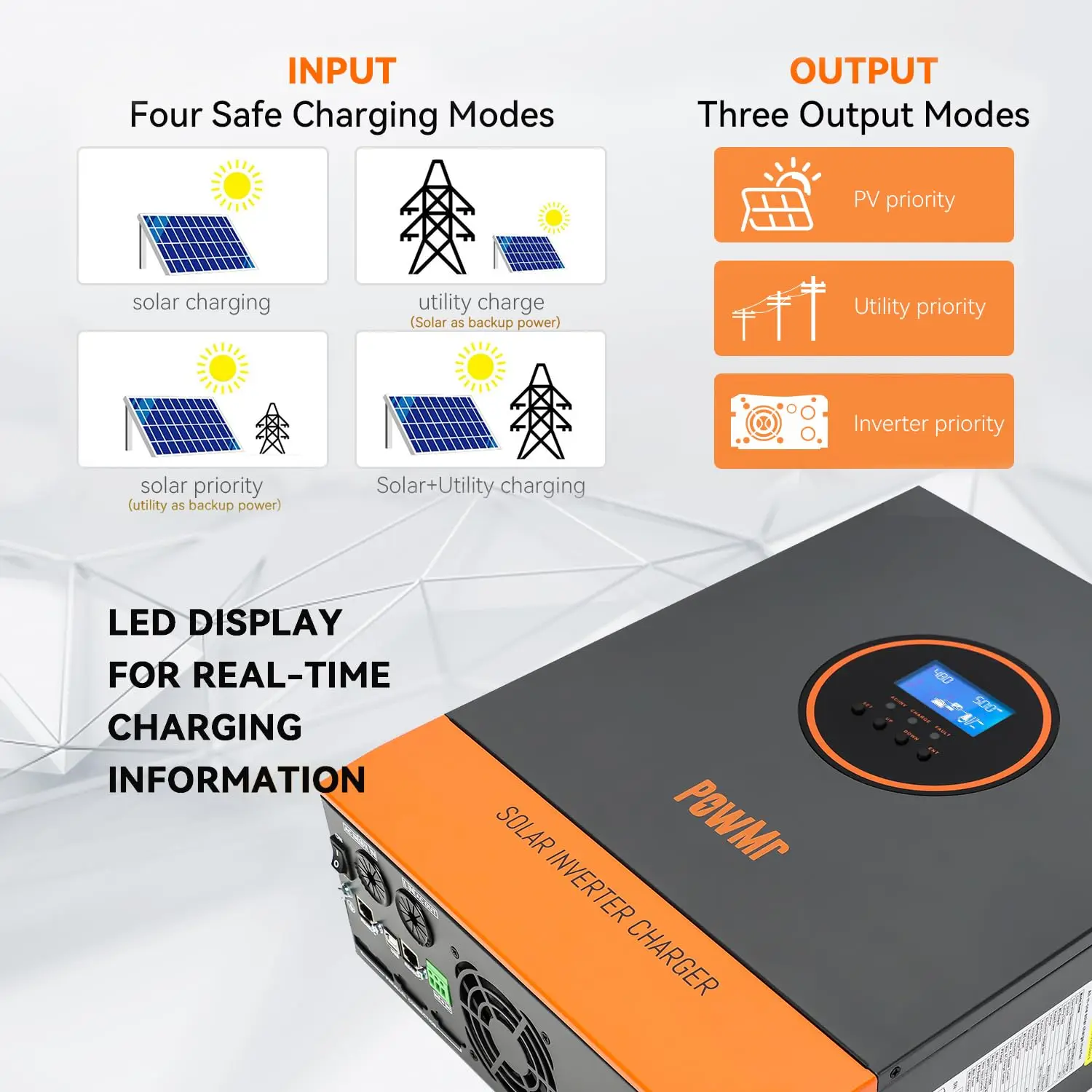 PowMr 하이브리드 태양광 인버터 MPPT 오프 그리드 인버터, 순수 사인파, 최대 PV 입력, 500V, 5.5KW, 110V, 120V, 80A, 5KW, 48V
