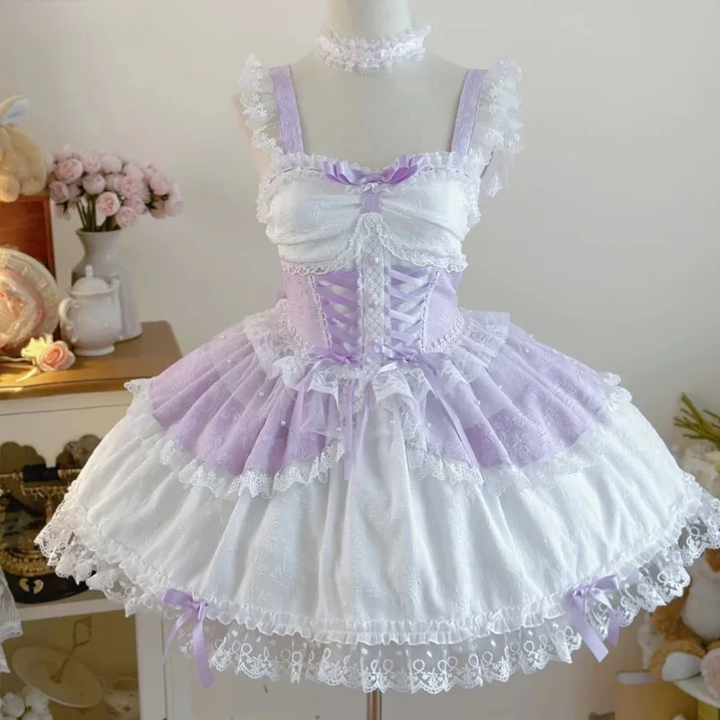 Y2k Japanese Sweet Lolita Jsk Dress Women Elegant Ruffles Lace Bandage Princess Strap Dresses Girls Kawaii Tea Party Mini Dress