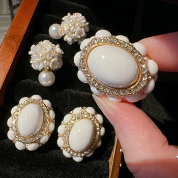 Women Flower Gemstone Earrings Vintage 18K Gold Plated Cream Rose Zirconia Ring 1
