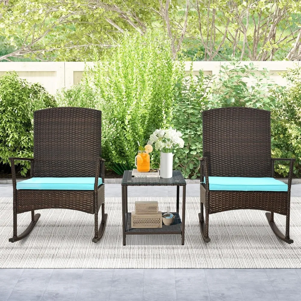 3 Pieces Rocking Wicker Bistro Set, Outdoor Front Porch Rocker Chairs Conversation Set with 2-Tier Tempered Glass Coffe 2