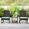 3 Pieces Rocking Wicker Bistro Set, Outdoor Front Porch Rocker Chairs Conversation Set with 2-Tier Tempered Glass Coffe 2