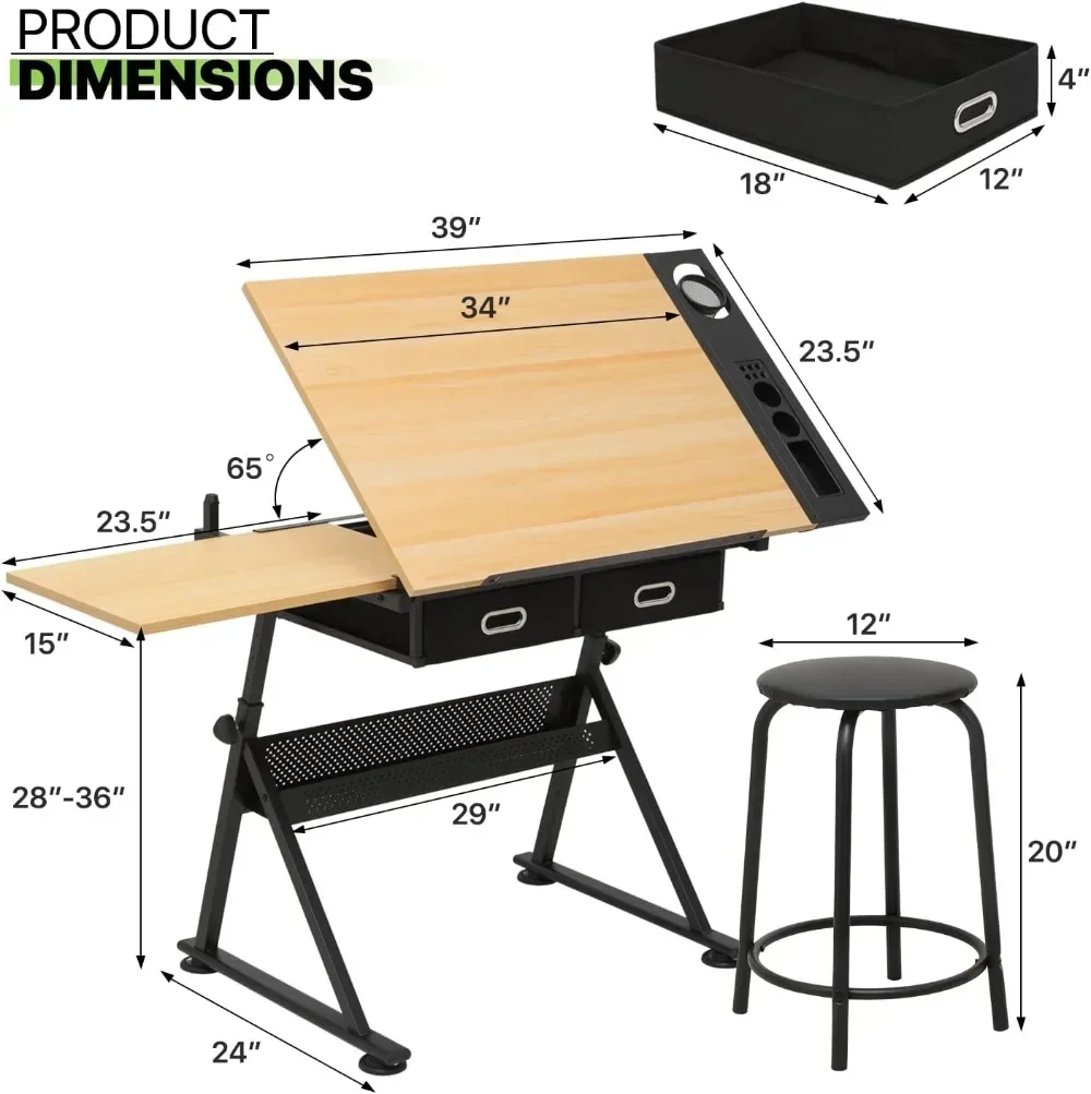 Hot-sellingProfessional Adjustable Drafting Table with Stool, Tilting Wooden Desk for Art Painting Sketching Studio Home Office 3