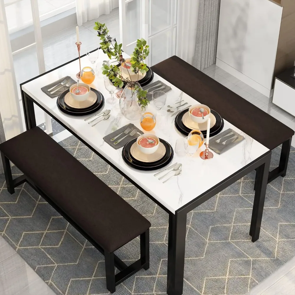 Dining Room Table Set with 2 Benches, Dining Table Set for 4-6, Faux Marble Breakfast & PU Leather Upholstered
