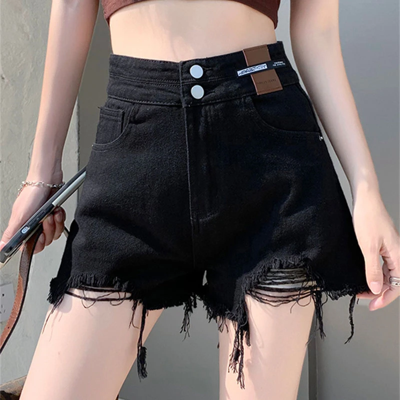 

Double-button denim shorts female ins summer loose design high-waisted versatile black burlap wide-legged broken a-word hotpants