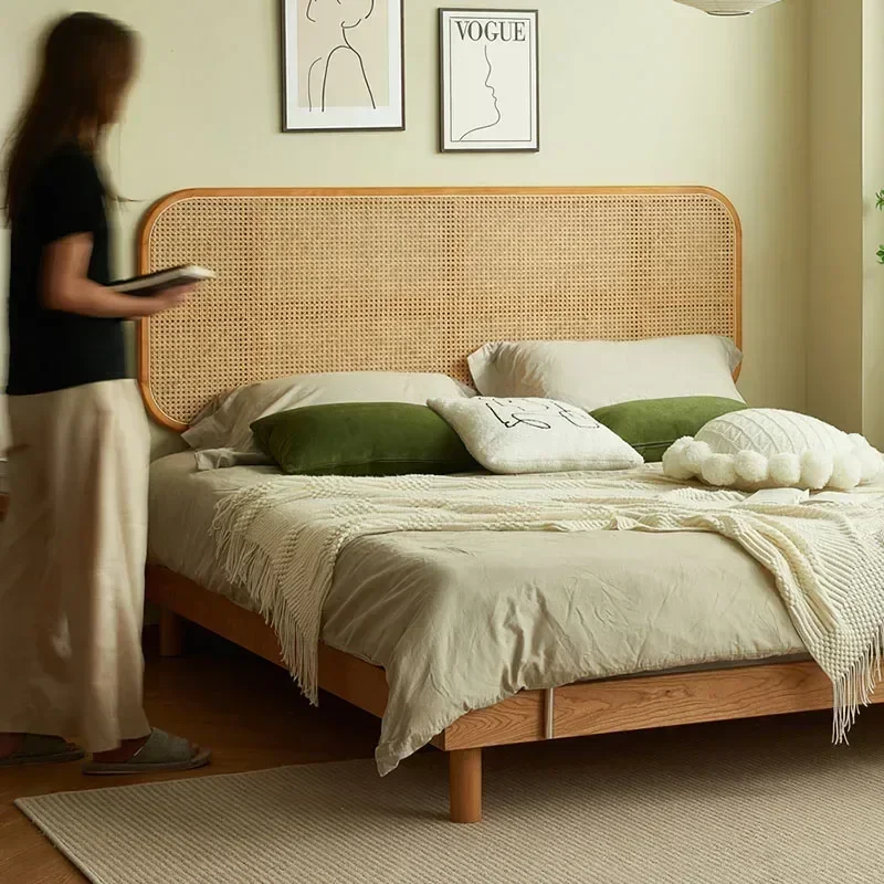 Simple Household Bed Headboards for Bedroom Retro Creative Rattan Backrest Japanese Solid Wood Headboards for Bed