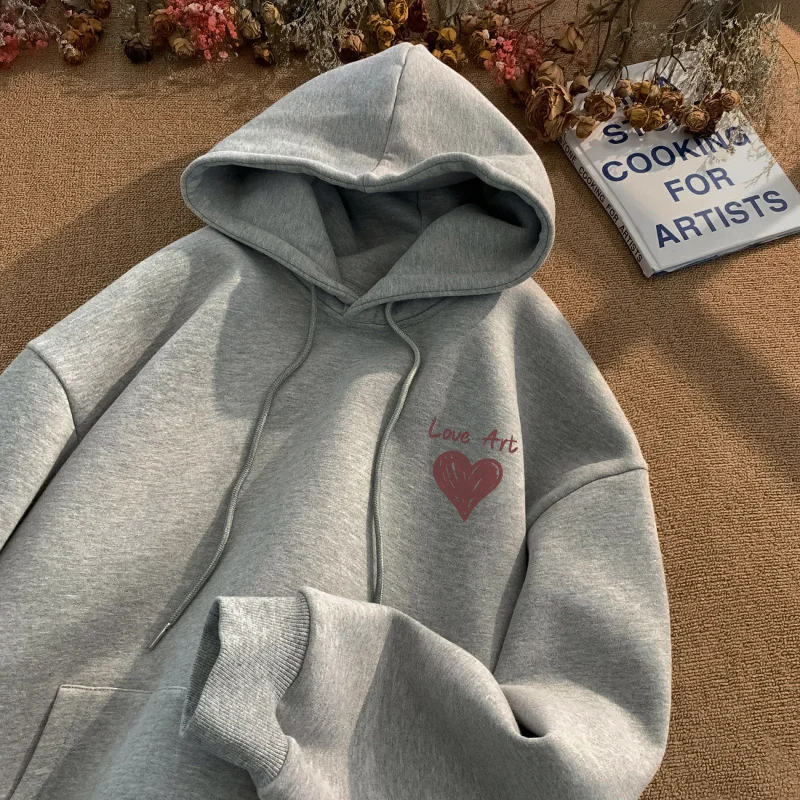 Female Autumn Winter New Love Print Loose Hoodies Sweatshirts Solid Color Simplicity Pullovers Top Casual Fashion Women Clothing