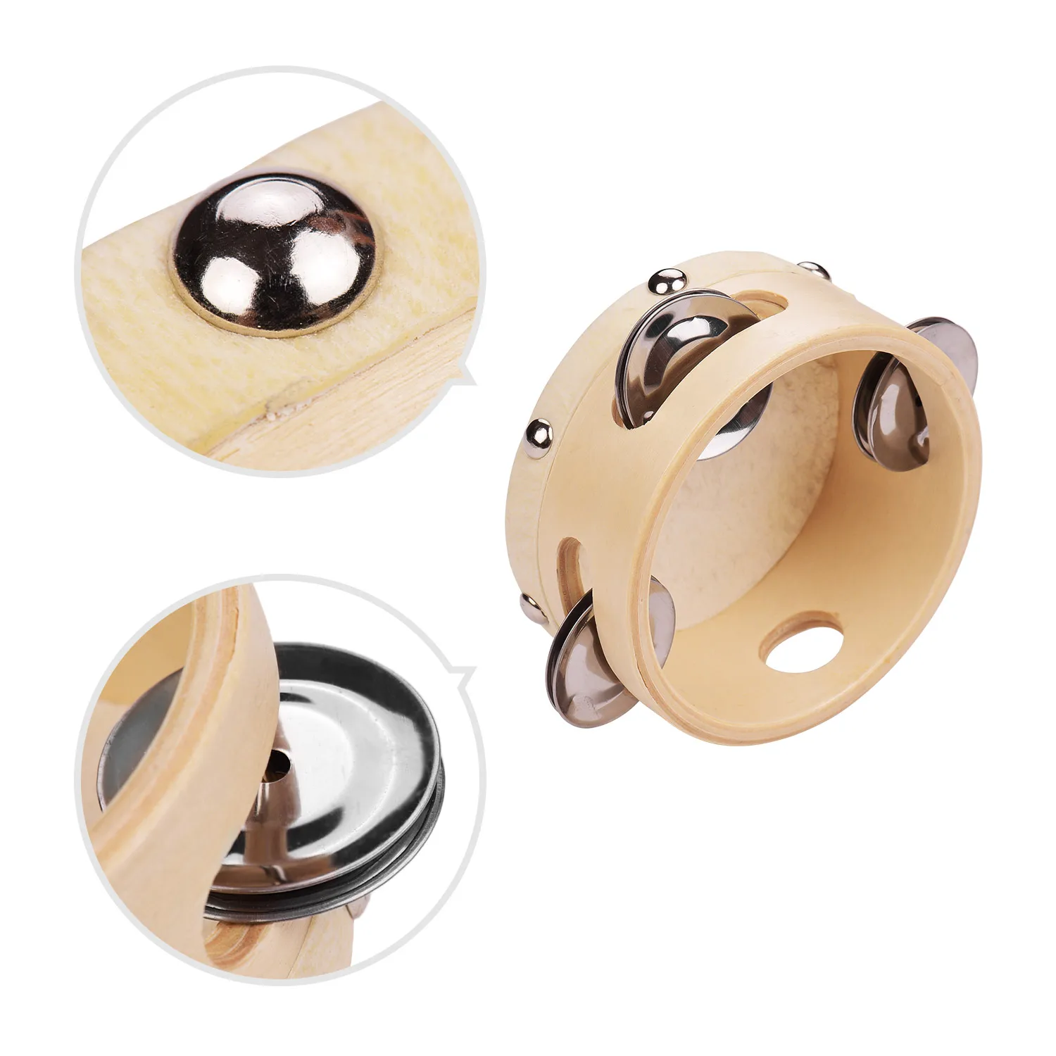 4 Inch Hand Tambourine with Metal Single Row Jingles Sheepskin Drum Skin Wooden Tambourines Entertainment Musical Timbrel Adult