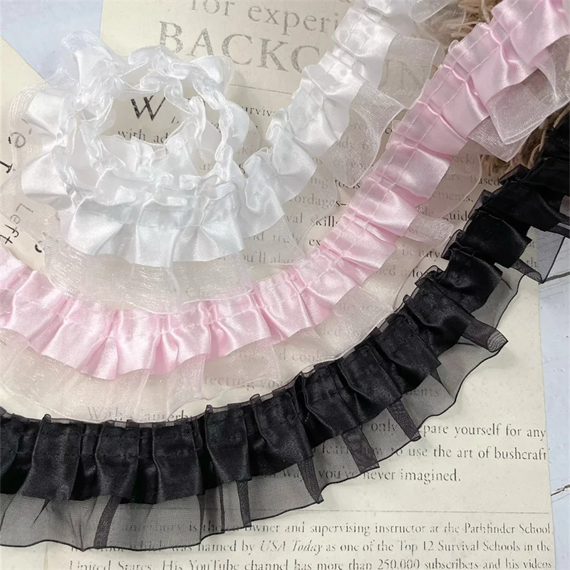 4CM Wide Double Layers White Black Pink Pleated Lace Fabirc Ribbon Needlework Ruffle Trim Lolita Dress Apparel DIY Sewing Decor