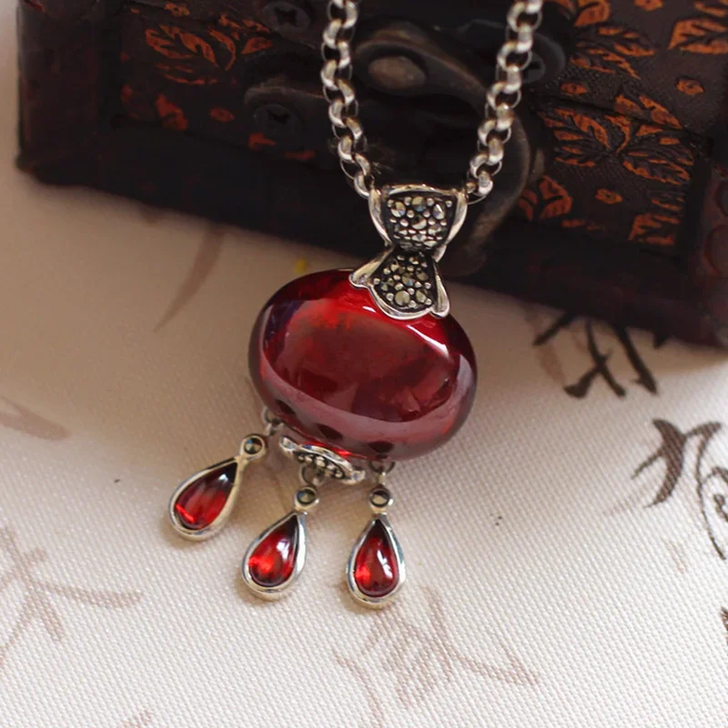 Real Pure 925 Silver Pendant For Women With Natural Garnet Stones Water Drop Vintage Crystal Pendant Bisuteria pendant necklace,silver necklace,silver pendant