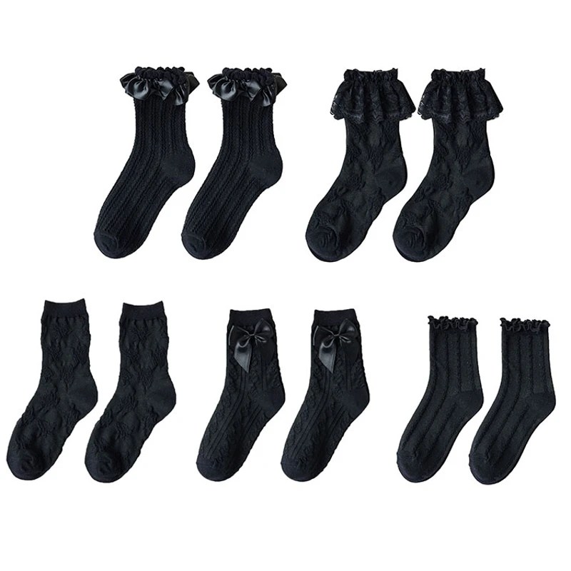 

Japanese Women Black Socks Harajuku Gothic Sweet Frilly Ruffled Lace Trim Striped Jacquard Pattern Cotton