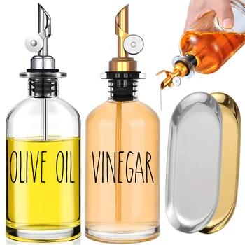 Dispenser per Olive in vetro con beccuccio in metallo Dispenser per aceto di olio versatore ponderato Dispenser per sciroppo di caffè con vassoio 1