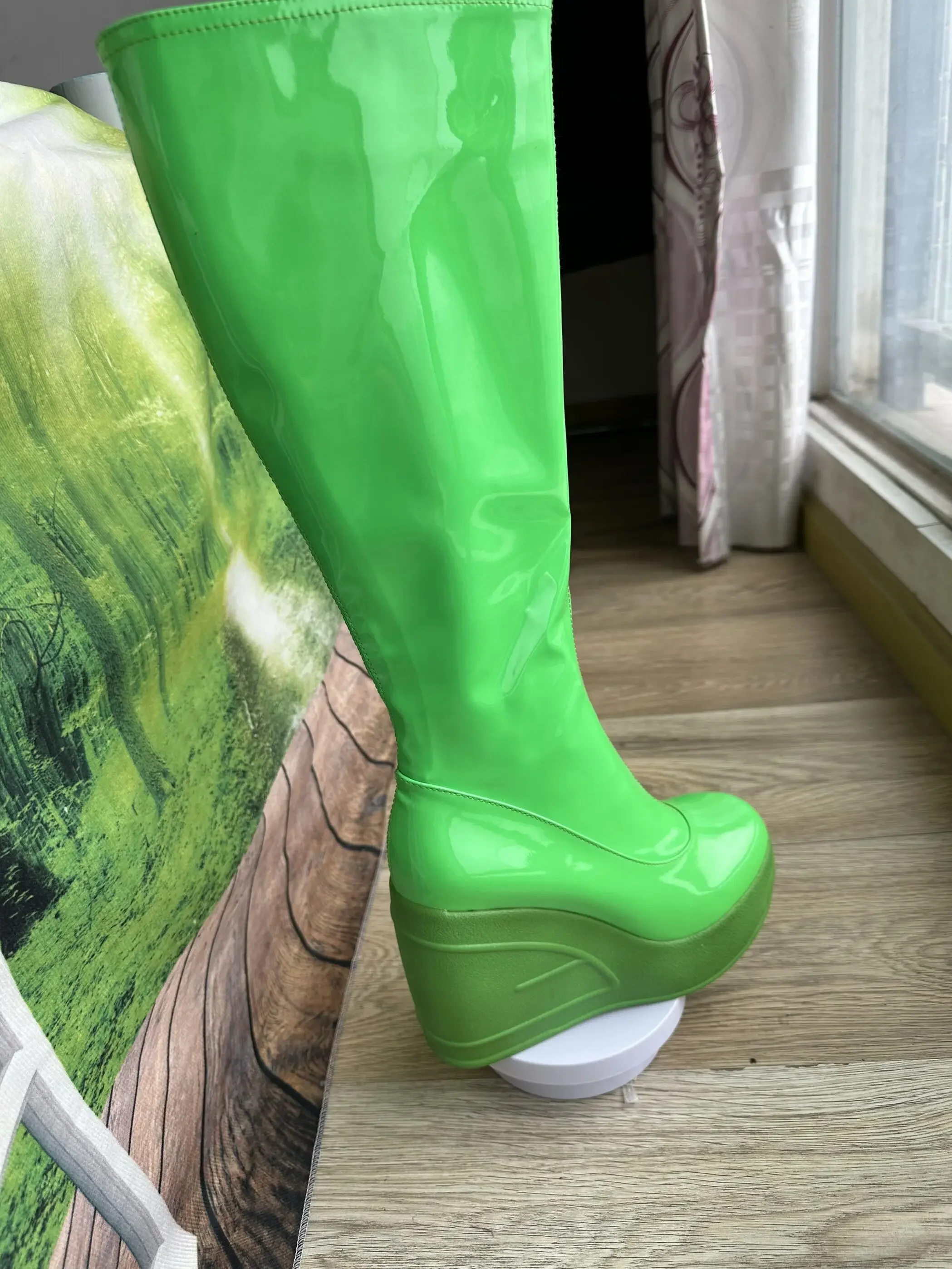 2024 Spring New Slope Heel Thick Bottom Round Toe High Heel Boots Fashion Sexy Cross-border Women's Plus Size Knee-high Boots