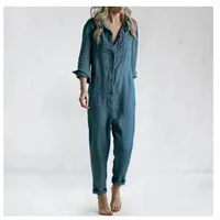 Cotton Linen Vintage Jumpsuits Women Single Breasted Button Design Turn-down Collar Long Sleeve Romper Solid Pockets Overalls - Image 2