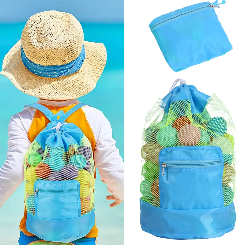 

Beach Storage Pouch Tote Bag Kids Foldable Beach Mesh Bag Large Capacity Travel Toy Organizer Net Portable Storage Backpack