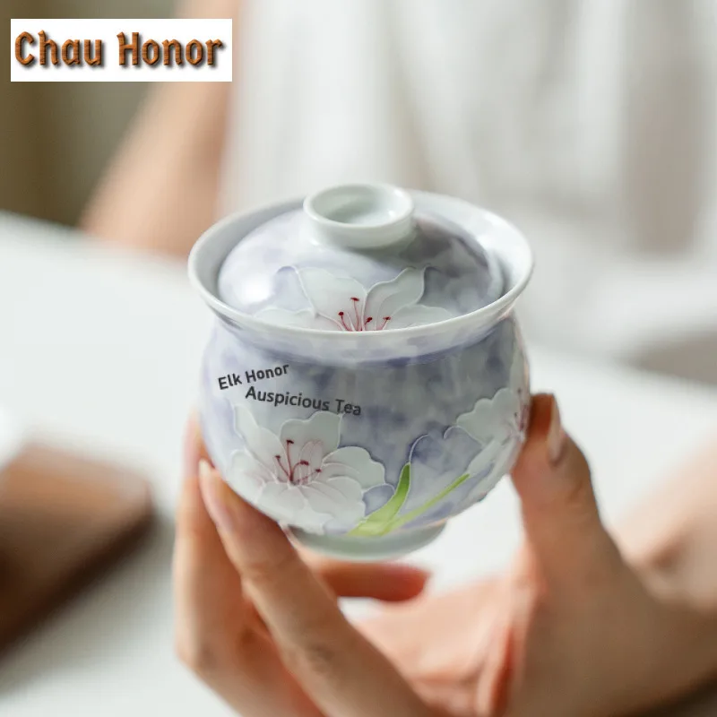 110ML Pure Hand-painted Lily Handheld Gaiwan Antique Tea Tureen Tea Bowl with Lid Kit Tea Maker Cover Bowl Tableware Collection