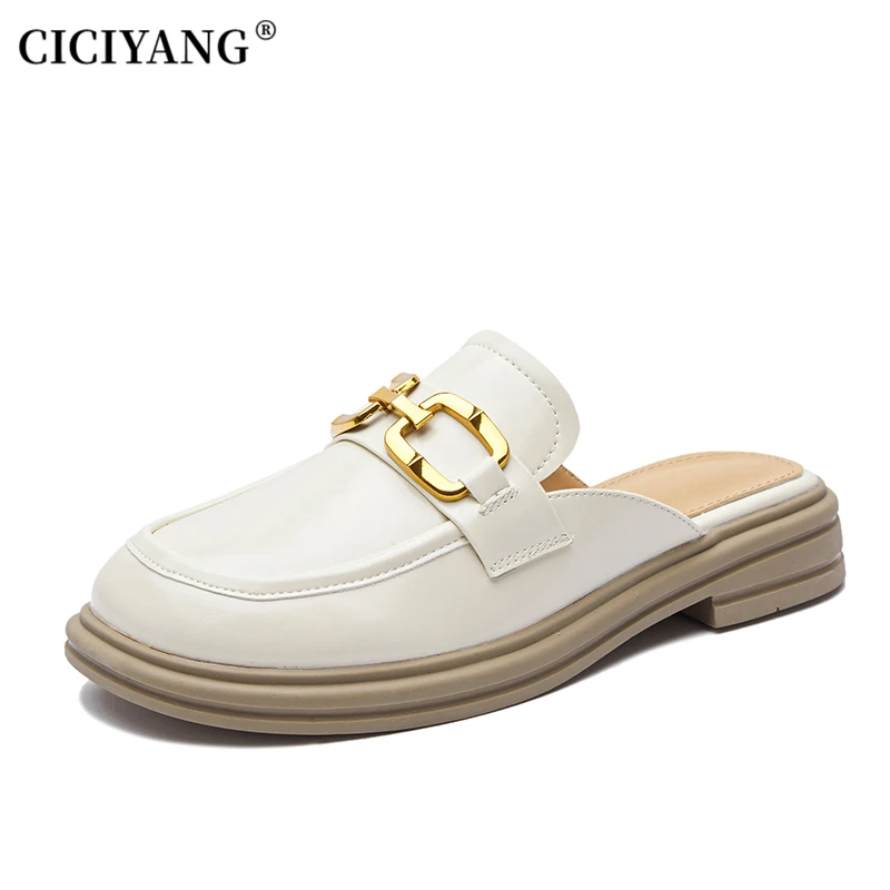 

CICIYANG Women Slippers Genuine Leather 2023 Summer New Loafers Baotou Sandals Horsebit Mules Ladies British Style Casual Shoes