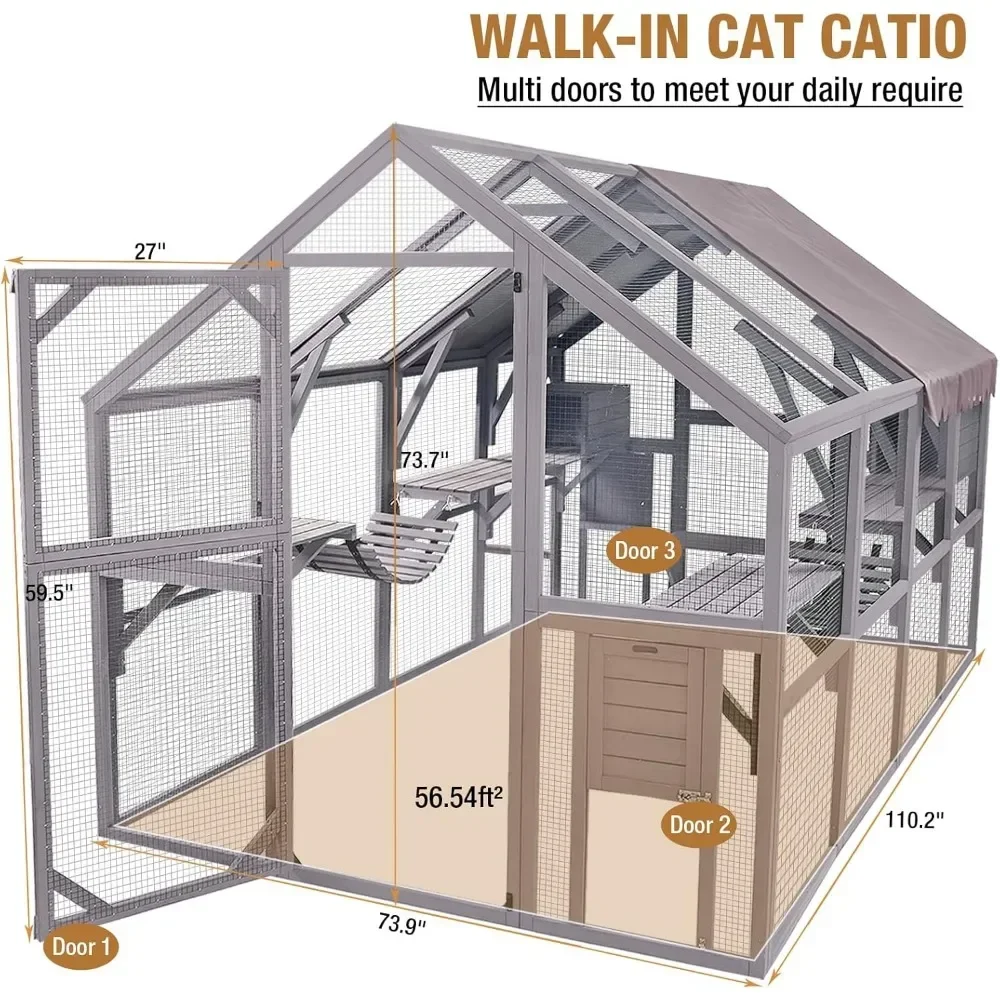 Cat House, Outdoor Cat House Enclosures 110" Large Kitten Playpen with Platforms,Upgrade Waterproof Cover, Pet Cages