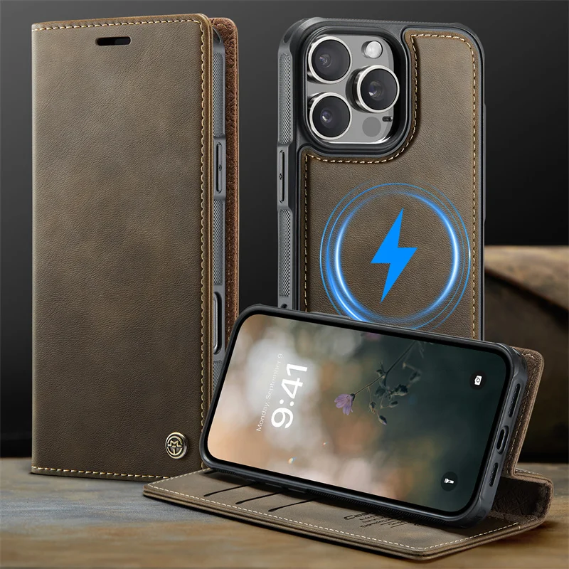 Magnetic PU Leather Flip Card Wallet Phone Case with Magsafe Wireless Charging Cover
