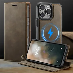 Magnetic PU Leather Flip Card Wallet Phone Case with Magsafe Wireless Charging Cover - iPhone 15 (Coffee)