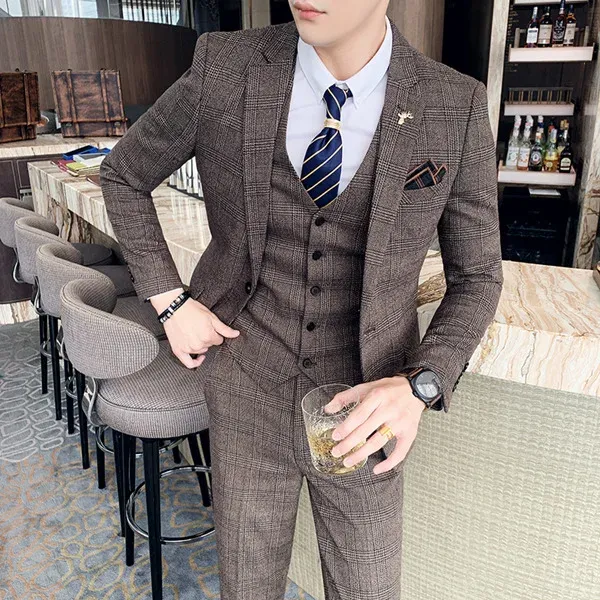 S-7XL (Jacket+Vest+Pants) Fashion Boutique Lattice Formal Business Mens Suit 3Pcs Set Groom Wedding Dress Plaid Suit Show Stage - TZ136 Brown, L(EUR XS)