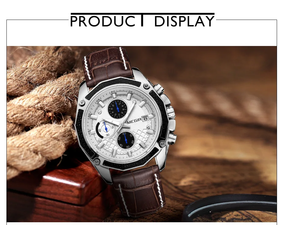 MEGIR quartz male watches Genuine Leather watches racing men Students game Run Chronograph Watch male glow hands for Man 2015G