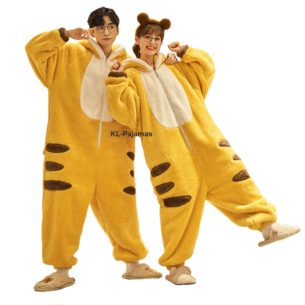 Cute Flannel Tiger Pajamas Winter Plus Velvet Warm Onesie Women's Sleepwear Unisex Loose Thick Plush Hooded Jumpsuits Homewear