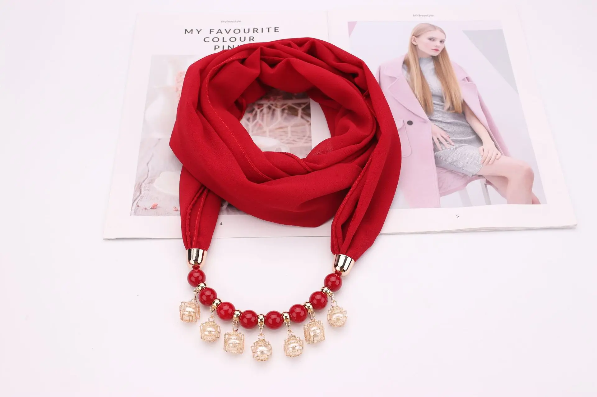 S5609288bba854cb583b0a34164cd228dK Women Chiffon Neckerchief Hijabs Scarf Necklaces Beads Pearls Solid Color Jewelry Shawl Pendant Scarves Bohemia Head Scarf Mallzona