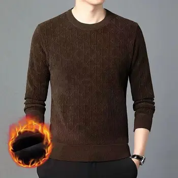 남성용 원피스 플러시 스웨터, 언더레이 솔리드 라운드 넥 나사 스레드, 두꺼운 따뜻한 캐주얼 풀오버 니트 탑, 가을 겨울 신상